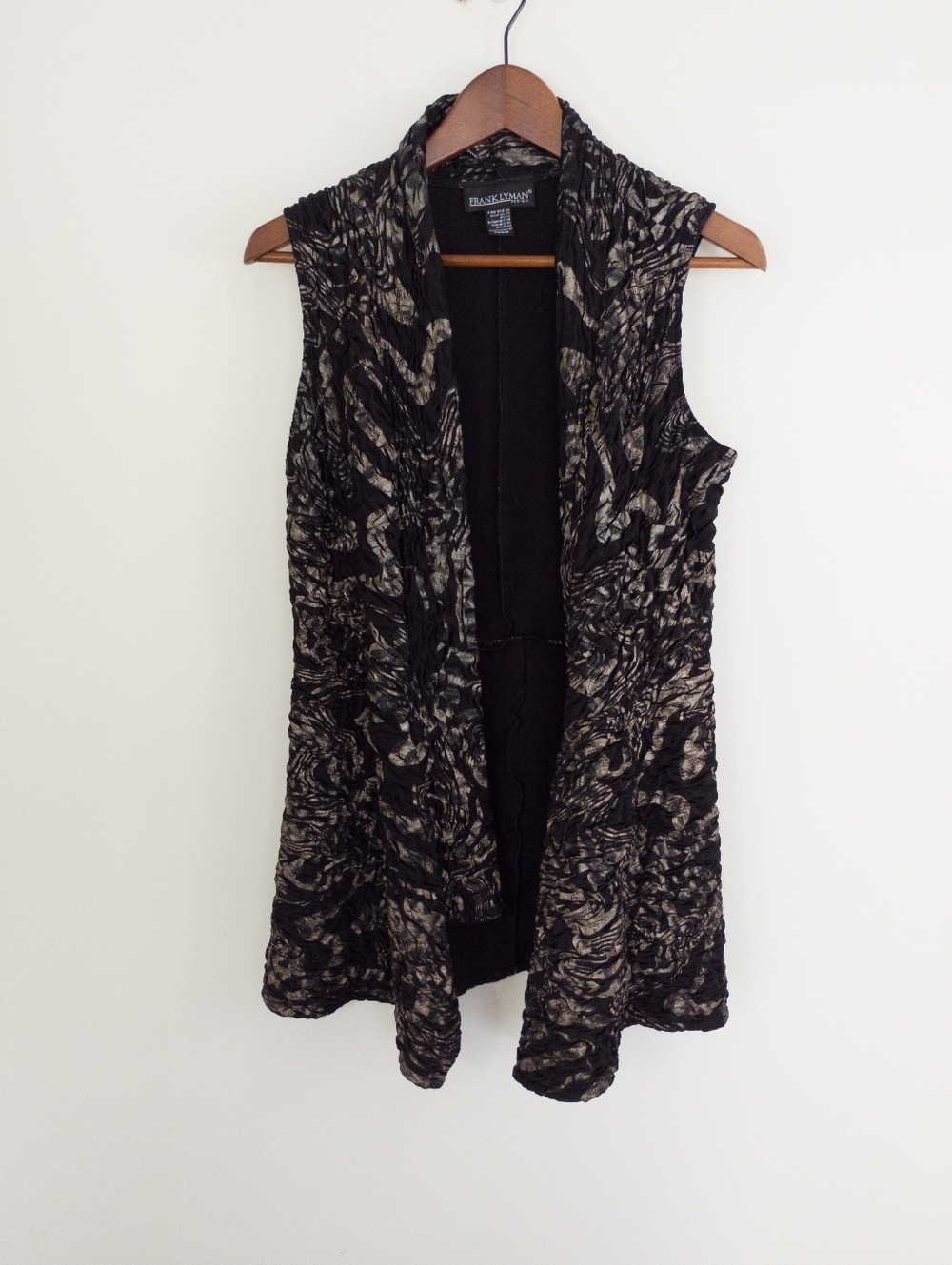 Frank Lyman Design Black Metallic Abstract Open Front Longline Vest Size 10